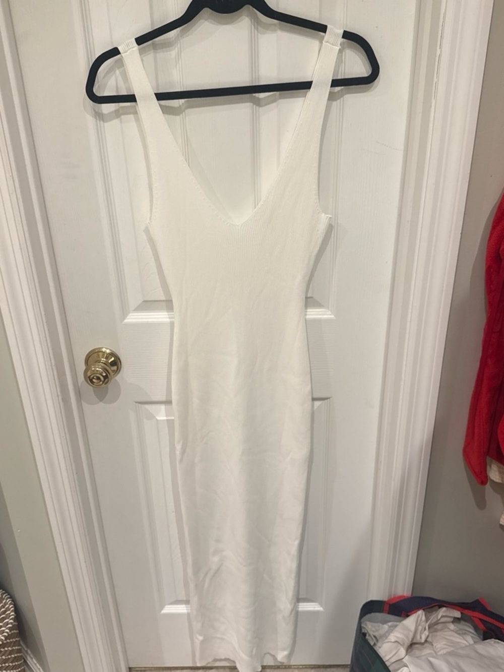 Meshki White Ribbed V-Neck Midi Dress